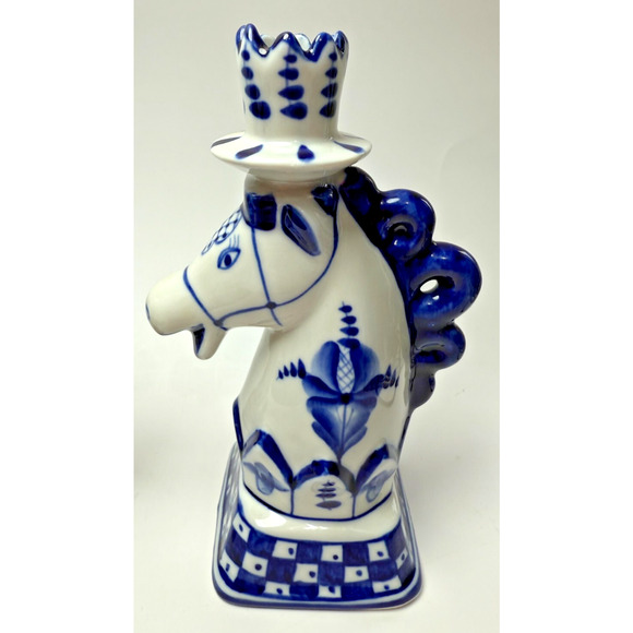 Set Vintage Gzhel Hand Painted Blue & White Porcelain Horse Candlesticks Holders - Picture 2 of 6